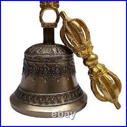 Brass Bell w Gold Plated Dorje Vajra Pestle Old Antique Buddhist Tibetan Décor