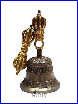 Brass Bell w Gold Plated Dorje Vajra Pestle Old Antique Buddhist Tibetan Décor