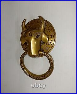 Brass Cow Face Front Door Ring Bell Round Base Bull Home Door Knocker Dec AJ270