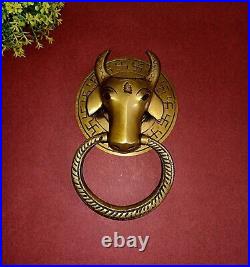 Brass Cow Face Front Door Ring Bell Round Base Bull Home Door Knocker Dec AJ270