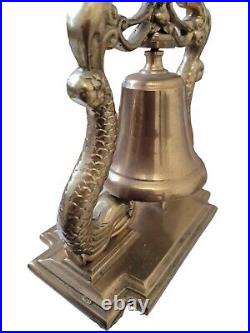 Brass Figural Dolphin Nautical Bell Submariners Ship On Stand Vintage