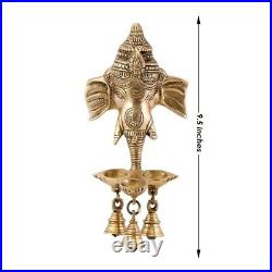 Brass Ganesh Ganesha Wall Hanging Idol Oil Lamp Three Diyas and Bells Home Decor