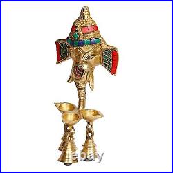 Brass Ganesha Wall Hanging Multicolor Gemstone Handwork Idol Oil Lamp With Bells