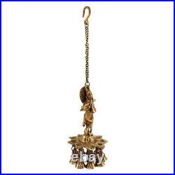 Brass Krishna Hanging Diya Oil Lamp with Antique Bell & Long Hook For Home Decor