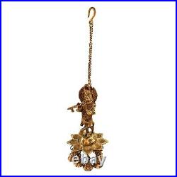 Brass Krishna Hanging Diya Oil Lamp with Antique Bell & Long Hook For Home Decor