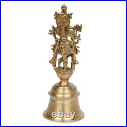 Brass Krishna Playing Flute Hand Held Bell for Gods Prayers Home Temple Decor