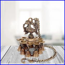 Brass Peacock Deepak Diya Bell with Chain Wall Hanging for Home Temple Decor