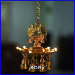 Brass Peacock Deepak Diya Bell with Chain Wall Hanging for Home Temple Decor