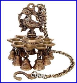 Brass Peacock Deepak Diya Bell with Chain Wall Hanging for Home Temple Decor
