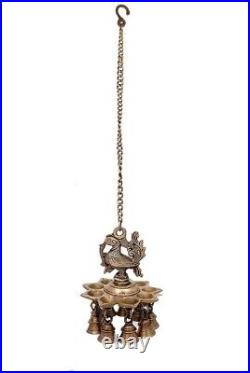 Brass Peacock Deepak Diya Bell with Chain Wall Hanging for Home Temple Decor