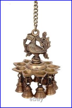Brass Peacock Deepak Diya Bell with Chain Wall Hanging for Home Temple Decor
