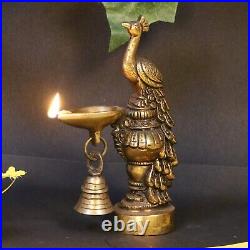 Brass Peacock Diya with Bell Table Décor with Stand For Home Temple Decor 6.5'