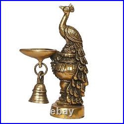 Brass Peacock Diya with Bell Table Décor with Stand For Home Temple Decor 6.5'