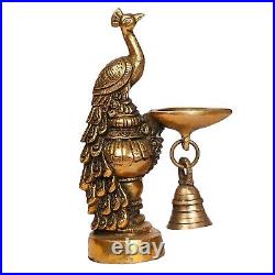 Brass Peacock Diya with Bell Table Décor with Stand For Home Temple Decor 6.5'