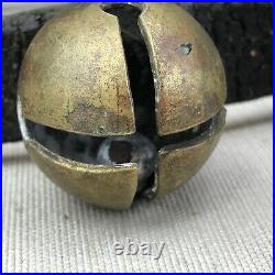 Brass Sleigh Bells on 98 Leather Strap 38 Tucker Double Throat Vintage Antique