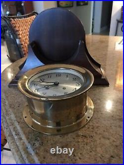 CHELSEA 6 VINTAGE SHIPS BELL CLOCK WithFACTORY MAHOGANY BASE, KEY, PAPERS