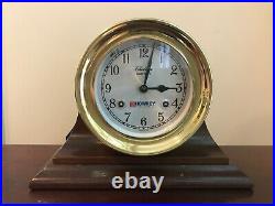 CHELSEA SHIPSTRIKE Ship's Bell Mantle Clock Brass 6 Mahogany Stand with KEY