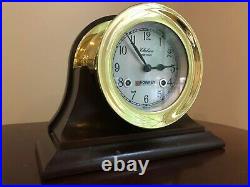 CHELSEA SHIPSTRIKE Ship's Bell Mantle Clock Brass 6 Mahogany Stand with KEY