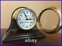 CHELSEA SHIPSTRIKE Ship's Bell Mantle Clock Brass 6 Mahogany Stand with KEY