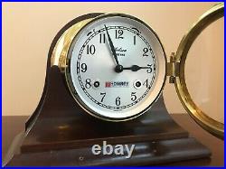 CHELSEA SHIPSTRIKE Ship's Bell Mantle Clock Brass 6 Mahogany Stand with KEY