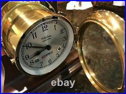 CHELSEA SHIPSTRIKE Ship's Bell Mantle Clock Brass 6 Mahogany Stand with KEY