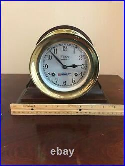 CHELSEA SHIPSTRIKE Ship's Bell Mantle Clock Brass 6 Mahogany Stand with KEY