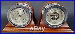 CHELSEA SHIPS BELL CLOCK & BAROMETER 1950's with NICKEL PLATED CASE & WOODEN STAND