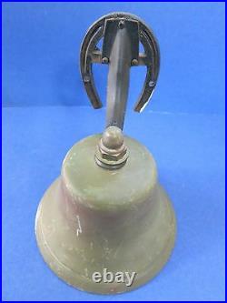 C. 1940 Antique 7 Ship School BRASS Horseshoe Mount BAD LUCK Bell with Verdigris