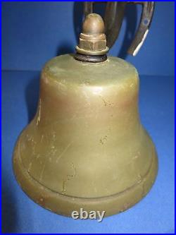 C. 1940 Antique 7 Ship School BRASS Horseshoe Mount BAD LUCK Bell with Verdigris