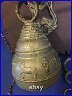 C. 1940? Tibetan? Antique Vintage Monastery OLD BRASS Wood Wall-Mount 8 Bell