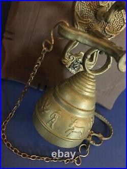 C. 1940? Tibetan? Antique Vintage Monastery OLD BRASS Wood Wall-Mount 8 Bell