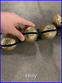 Cascading Solid Brass Sleigh Bells Graduating & Numbered On Leather Belt Strap