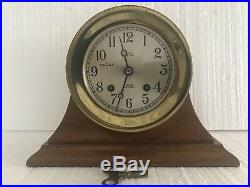 Chelsea NEGUS N. Y. Ship's Bell Clock with Mahogany Stand & Key 1945-49