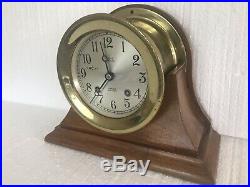 Chelsea NEGUS N. Y. Ship's Bell Clock with Mahogany Stand & Key 1945-49