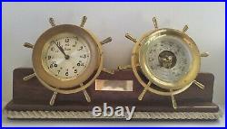 Chelsea Ship's Bell Clock & Barometer Set On Wood Stand Boston U. S. A. Vintage