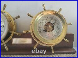 Chelsea Ship's Bell Clock & Barometer Set On Wood Stand Boston U. S. A. Vintage