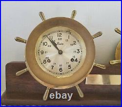 Chelsea Ship's Bell Clock & Barometer Set On Wood Stand Boston U. S. A. Vintage