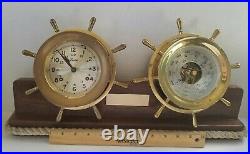 Chelsea Ship's Bell Clock & Barometer Set On Wood Stand Boston U. S. A. Vintage