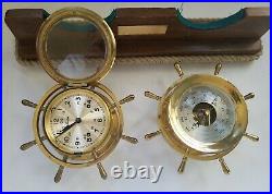 Chelsea Ship's Bell Clock & Barometer Set On Wood Stand Boston U. S. A. Vintage