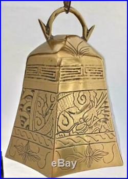 Chinese Brass Temple Bell Gong with Carved Wooden Stand Buddhist Antique c 1910