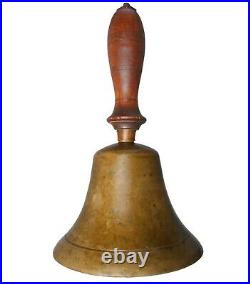 EARLY-MID 19TH C AMERICAN ANTIQUE BRASS BELL WithLATHE-TRND/INCISED MAPLE WDN HNDL