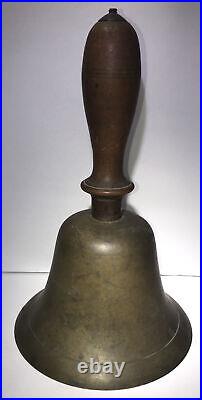 EARLY-MID 19TH C AMERICAN ANTIQUE BRASS BELL WithLATHE-TRND/INCISED MAPLE WDN HNDL