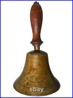 EARLY-MID 19TH C AMERICAN ANTIQUE BRASS BELL WithLATHE-TRND/INCISED MAPLE WDN HNDL