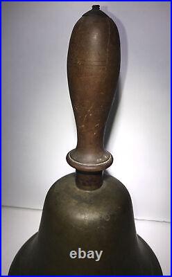 EARLY-MID 19TH C AMERICAN ANTIQUE BRASS BELL WithLATHE-TRND/INCISED MAPLE WDN HNDL