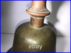 EARLY-MID 19TH C AMERICAN ANTIQUE BRASS BELL WithLATHE-TRND/INCISED MAPLE WDN HNDL