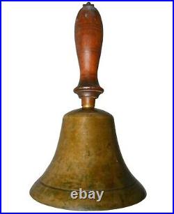 EARLY-MID 19TH C AMERICAN ANTIQUE BRASS BELL WithLATHE-TRND/INCISED MAPLE WDN HNDL