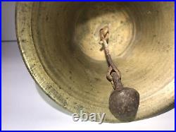 EARLY-MID 19TH C AMERICAN ANTIQUE BRASS BELL WithLATHE-TRND/INCISED MAPLE WDN HNDL