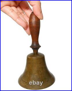 EARLY-MID 19TH C AMERICAN ANTIQUE BRASS BELL WithLATHE-TRND/INCISED MAPLE WDN HNDL