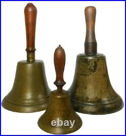 EARLY-MID 19TH C AMERICAN ANTIQUE BRASS BELL WithLATHE-TRND/INCISED MAPLE WDN HNDL