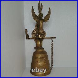 Early 20th Century Gothic Wall Mount Brass Bell Winged Angel/Woman Latin Words